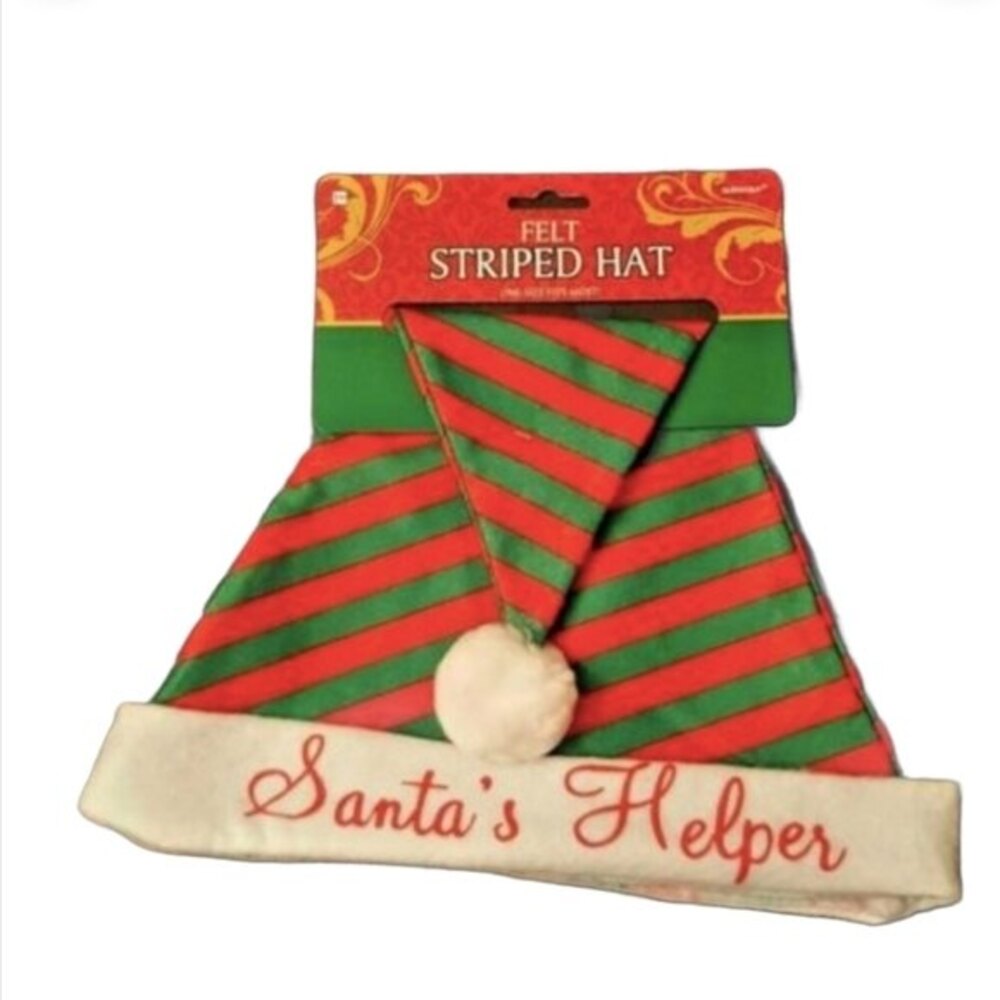 Felt Striped Christmas Hat Santa's Helper Red Green PomPom *